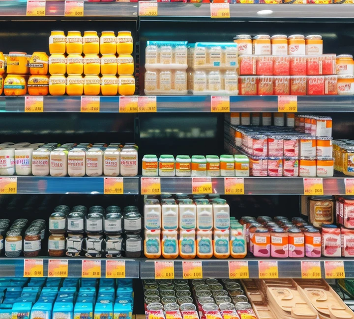 Góndola de supermercado con productos lácteos