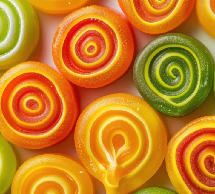 Caramelos de goma en espiral de colores amarillo, rojo, naranja y verde.